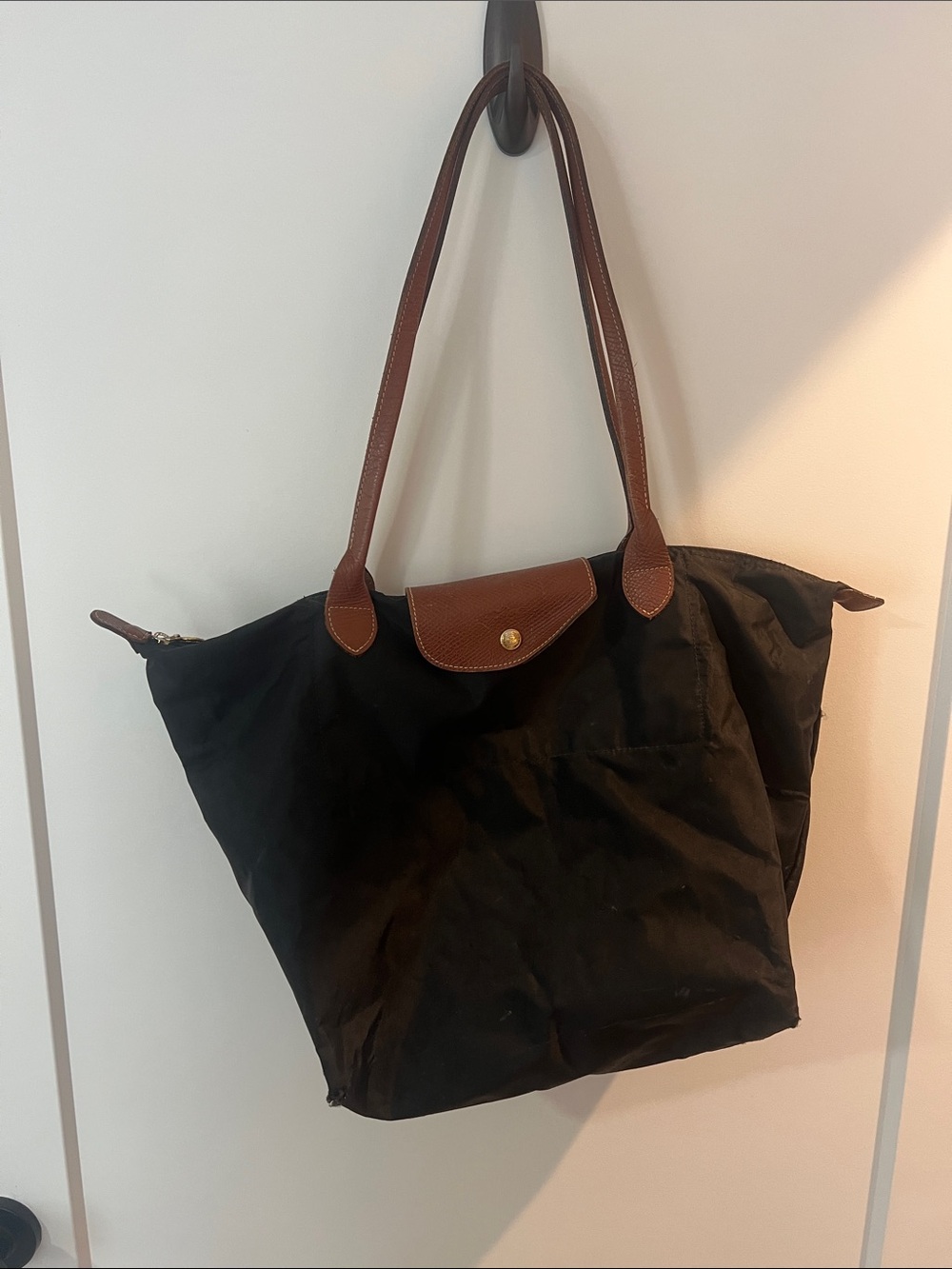 Longchamp Black Tote with Brown Leather Trim